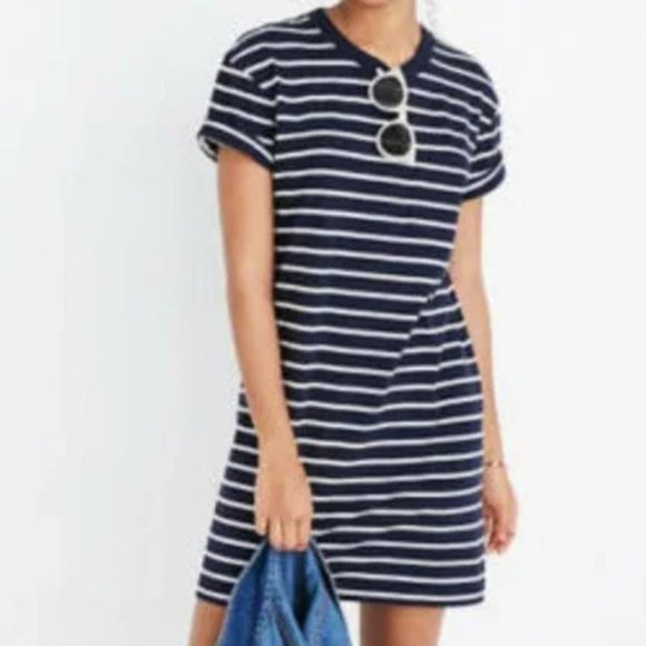 Madewell Dresses & Skirts - Madewell Navy Blue Striped Pocket Tee Midi Crewneck Dress Women's Size Large